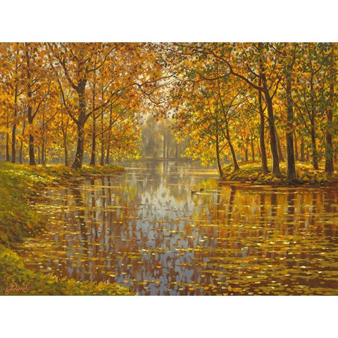 River in Golden Autumn White Modern Wood Framed Art Print by Adamov, Alexey