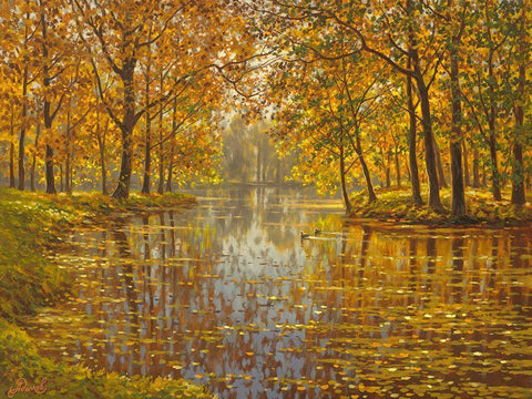 River in Golden Autumn White Modern Wood Framed Art Print with Double Matting by Adamov, Alexey