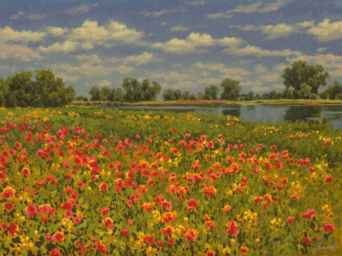 Poppies by the River II Black Ornate Wood Framed Art Print with Double Matting by Adamov, Alexey