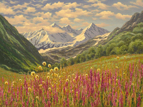 Lupins in the Mountains Black Ornate Wood Framed Art Print with Double Matting by Adamov, Alexey