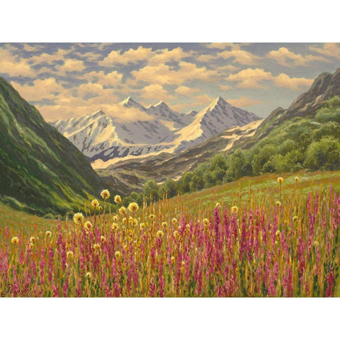 Lupins in the Mountains Gold Ornate Wood Framed Art Print with Double Matting by Adamov, Alexey