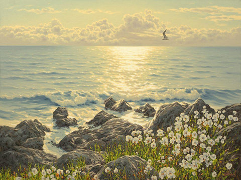 White Flowers by the Sea Black Ornate Wood Framed Art Print with Double Matting by Adamov, Alexey