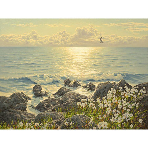 White Flowers by the Sea Black Modern Wood Framed Art Print by Adamov, Alexey