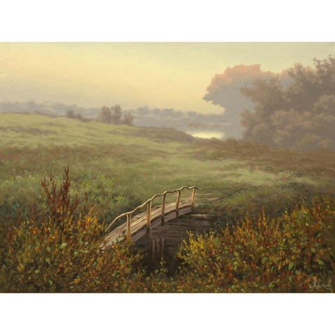 Old Wood Bridge over Stream Black Modern Wood Framed Art Print by Adamov, Alexey