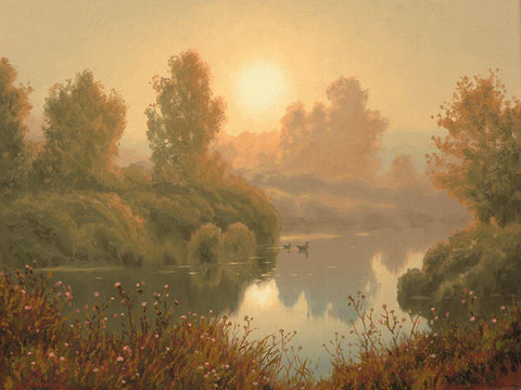 The Fog by Sunrise White Modern Wood Framed Art Print with Double Matting by Adamov, Alexey