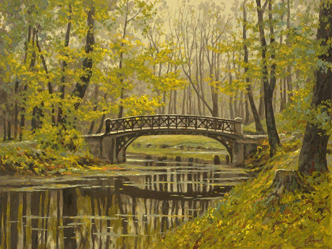 Stone Bridge over the River White Modern Wood Framed Art Print with Double Matting by Adamov, Alexey