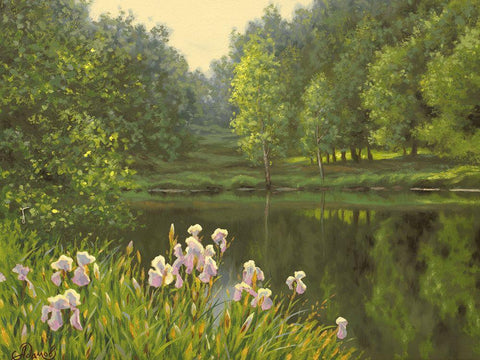 Iris by the River Black Ornate Wood Framed Art Print with Double Matting by Adamov, Alexey