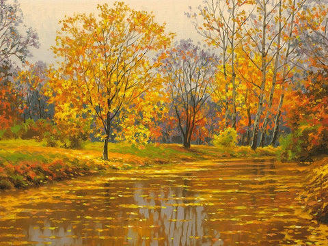 River in Golden Autumn II White Modern Wood Framed Art Print with Double Matting by Adamov, Alexey