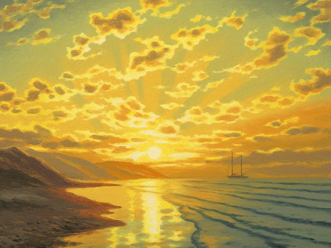 Sunset over the Mountains by the Sea Black Ornate Wood Framed Art Print with Double Matting by Adamov, Alexey