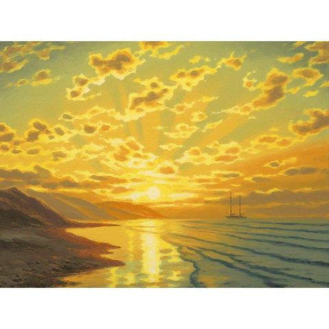 Sunset over the Mountains by the Sea Black Modern Wood Framed Art Print by Adamov, Alexey