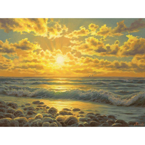Sunset over the  Sea with Seagulls Black Modern Wood Framed Art Print by Adamov, Alexey