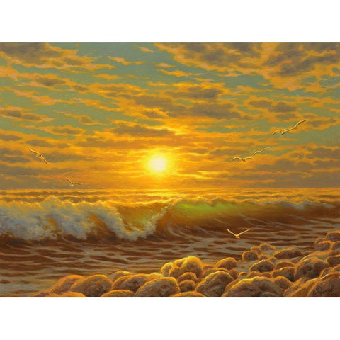 Sunset over the  Sea with Seagulls II Gold Ornate Wood Framed Art Print with Double Matting by Adamov, Alexey