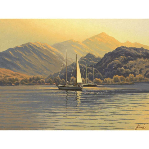 Sail on the Sea near Mountains Black Modern Wood Framed Art Print by Adamov, Alexey