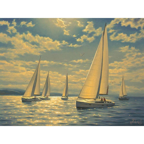Sails on the Sea II Black Modern Wood Framed Art Print with Double Matting by Adamov, Alexey