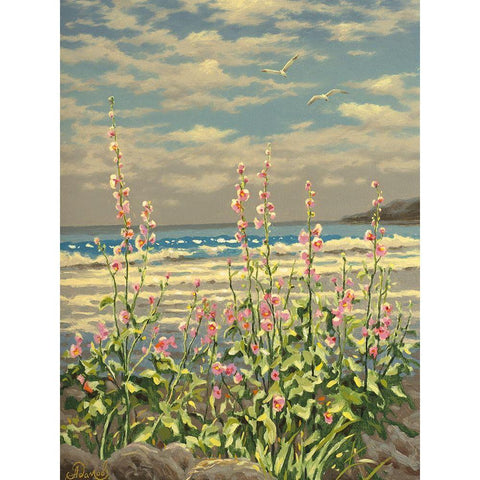 Pink Flowers by the Sea Black Modern Wood Framed Art Print with Double Matting by Adamov, Alexey
