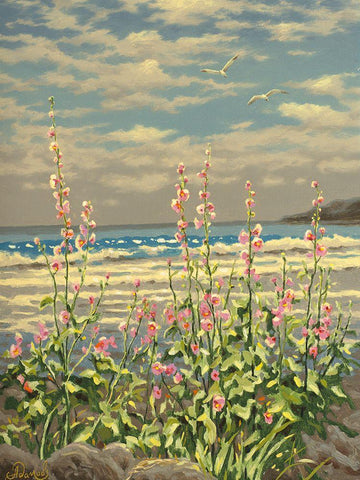 Pink Flowers by the Sea Black Ornate Wood Framed Art Print with Double Matting by Adamov, Alexey