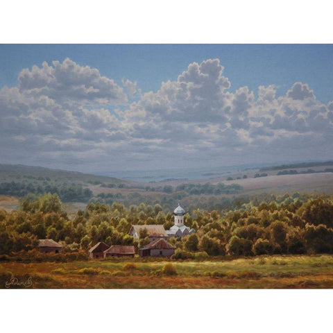 Landscape with a Churche Black Modern Wood Framed Art Print with Double Matting by Adamov, Alexey