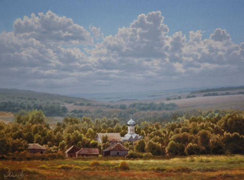 Landscape with a Churche Black Ornate Wood Framed Art Print with Double Matting by Adamov, Alexey