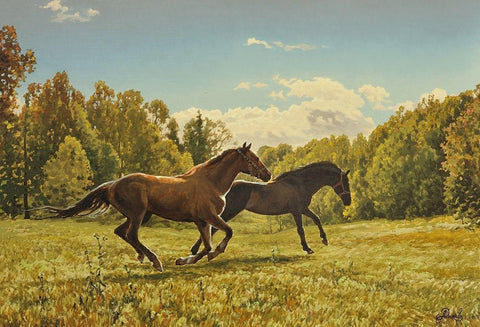 Running Horses II Black Ornate Wood Framed Art Print with Double Matting by Adamov, Alexey