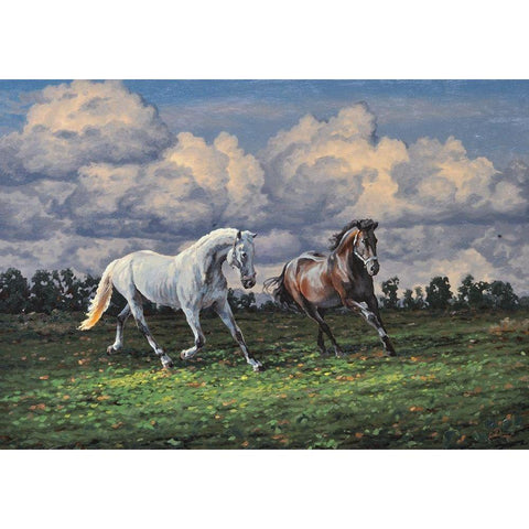 Horses after the Rain Black Modern Wood Framed Art Print with Double Matting by Adamov, Alexey