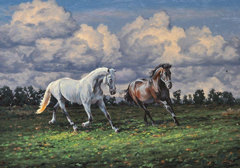 Horses after the Rain White Modern Wood Framed Art Print with Double Matting by Adamov, Alexey