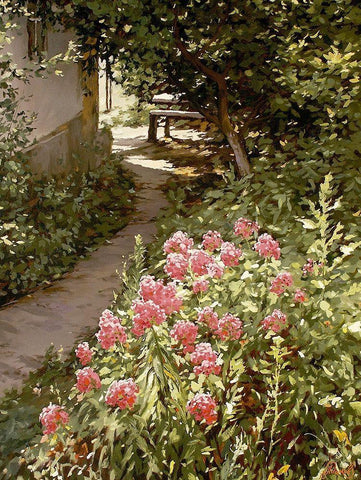 Grandmothers Courtyard Black Ornate Wood Framed Art Print with Double Matting by Adamov, Alexey