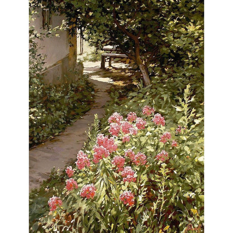 Grandmothers Courtyard White Modern Wood Framed Art Print by Adamov, Alexey