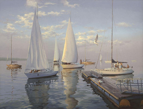 Yachts in Taganrog White Modern Wood Framed Art Print with Double Matting by Adamov, Alexey