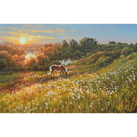 Horse by Sunrise Gold Ornate Wood Framed Art Print with Double Matting by Adamov, Alexey