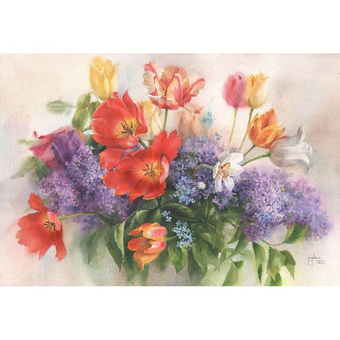 Bouquet of Lilac and Tulips White Modern Wood Framed Art Print by Besedina, Anastasiia