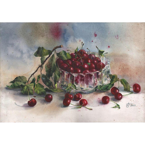 Vase with Wild Cherries White Modern Wood Framed Art Print by Besedina, Anastasiia