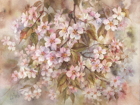 Sakura White Modern Wood Framed Art Print with Double Matting by Besedina, Anastasiia