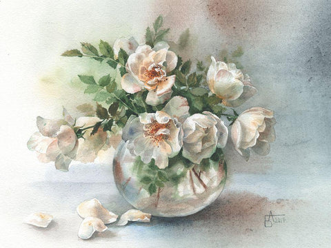 White Roses Black Ornate Wood Framed Art Print with Double Matting by Besedina, Anastasiia