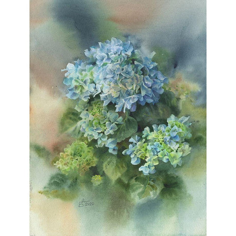 Blue Hydrangea White Modern Wood Framed Art Print by Besedina, Anastasiia