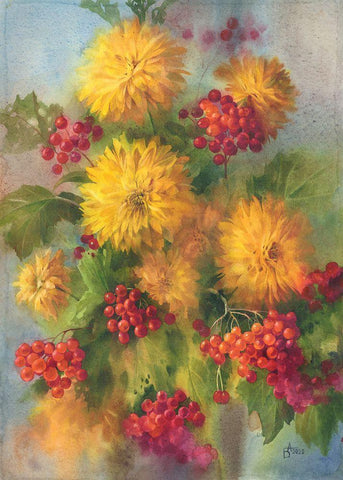 Rowen Berry and Golden Balls Black Ornate Wood Framed Art Print with Double Matting by Besedina, Anastasiia