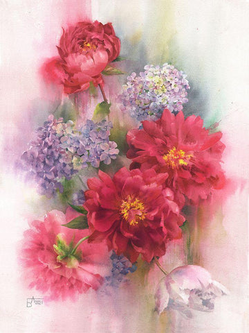 Peonies and Hydrangeas Black Ornate Wood Framed Art Print with Double Matting by Besedina, Anastasiia