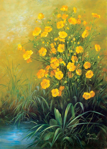 Yellow Flowers Black Ornate Wood Framed Art Print with Double Matting by Fasani