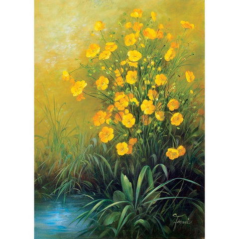 Yellow Flowers Black Modern Wood Framed Art Print by Fasani