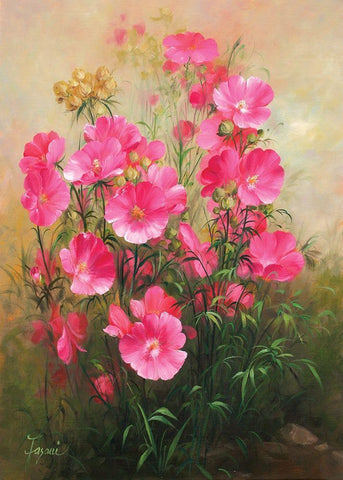 Red Flowers Black Ornate Wood Framed Art Print with Double Matting by Fasani