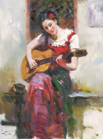 A Girl with Guitar White Modern Wood Framed Art Print with Double Matting by Noches, Fernando