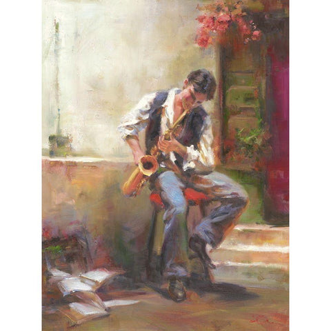 A Boy with Trumpet Gold Ornate Wood Framed Art Print with Double Matting by Noches, Fernando