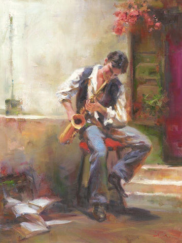 A Boy with Trumpet White Modern Wood Framed Art Print with Double Matting by Noches, Fernando