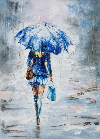 Lady in Blue with Umbrella Black Ornate Wood Framed Art Print with Double Matting by Kowalik, Jolanta