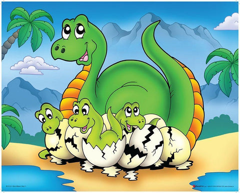 Lucky Dinosaur with Babes White Modern Wood Framed Art Print with Double Matting by Viskova, Klara