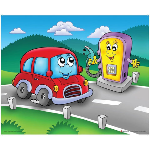 Red Car with Smiling Petrol Station White Modern Wood Framed Art Print by Viskova, Klara