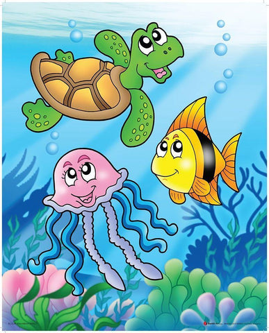 Happy Sea Animals White Modern Wood Framed Art Print with Double Matting by Viskova, Klara