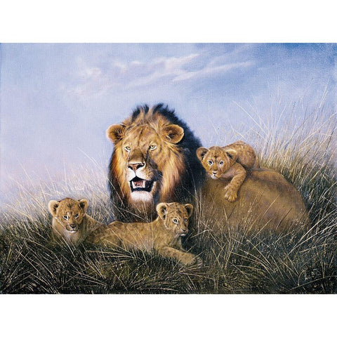 Lion with Lionets Black Modern Wood Framed Art Print by Skorepa, Jan