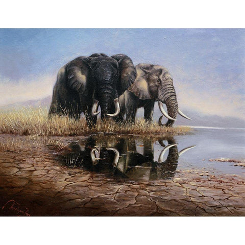 Two Elephants Black Modern Wood Framed Art Print with Double Matting by Skorepa, Jan