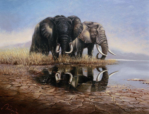 Two Elephants Black Ornate Wood Framed Art Print with Double Matting by Skorepa, Jan