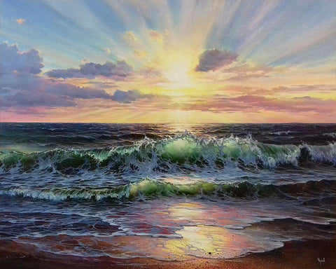 Sunrise over the Sea Black Ornate Wood Framed Art Print with Double Matting by Cernov, Ivan